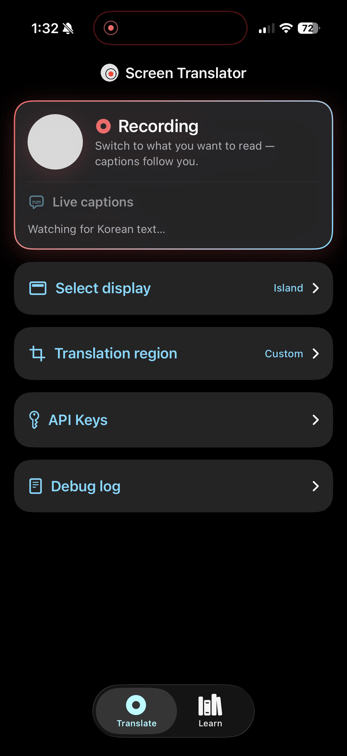 Screen Translator just after recording starts: the recording card with a red-to-blue glow around it, watching for Korean text, over the display and translation region rows