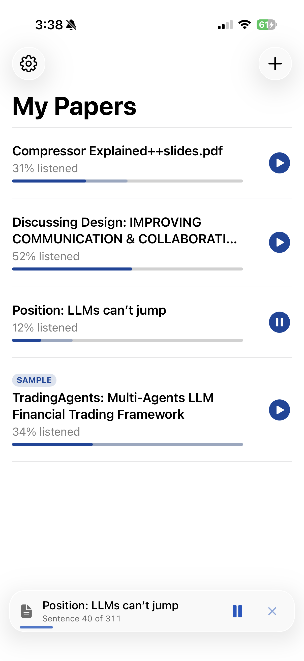 Paper library with playback progress